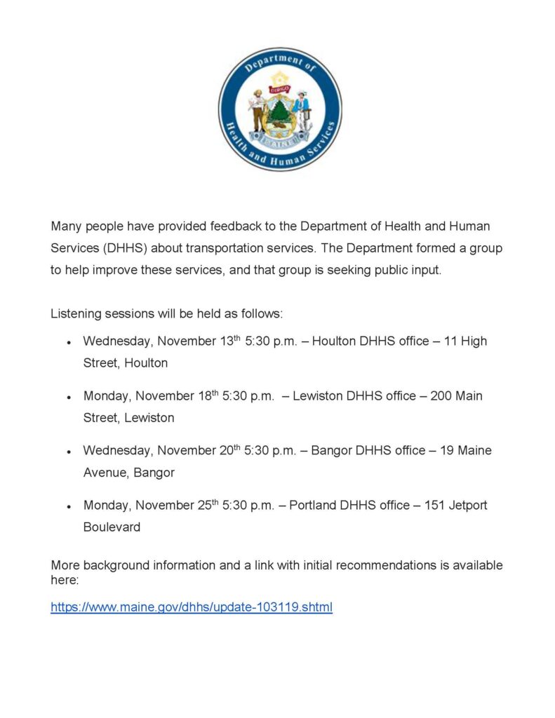 Maine DHHS To Host Transportation Listening Sessions poster.