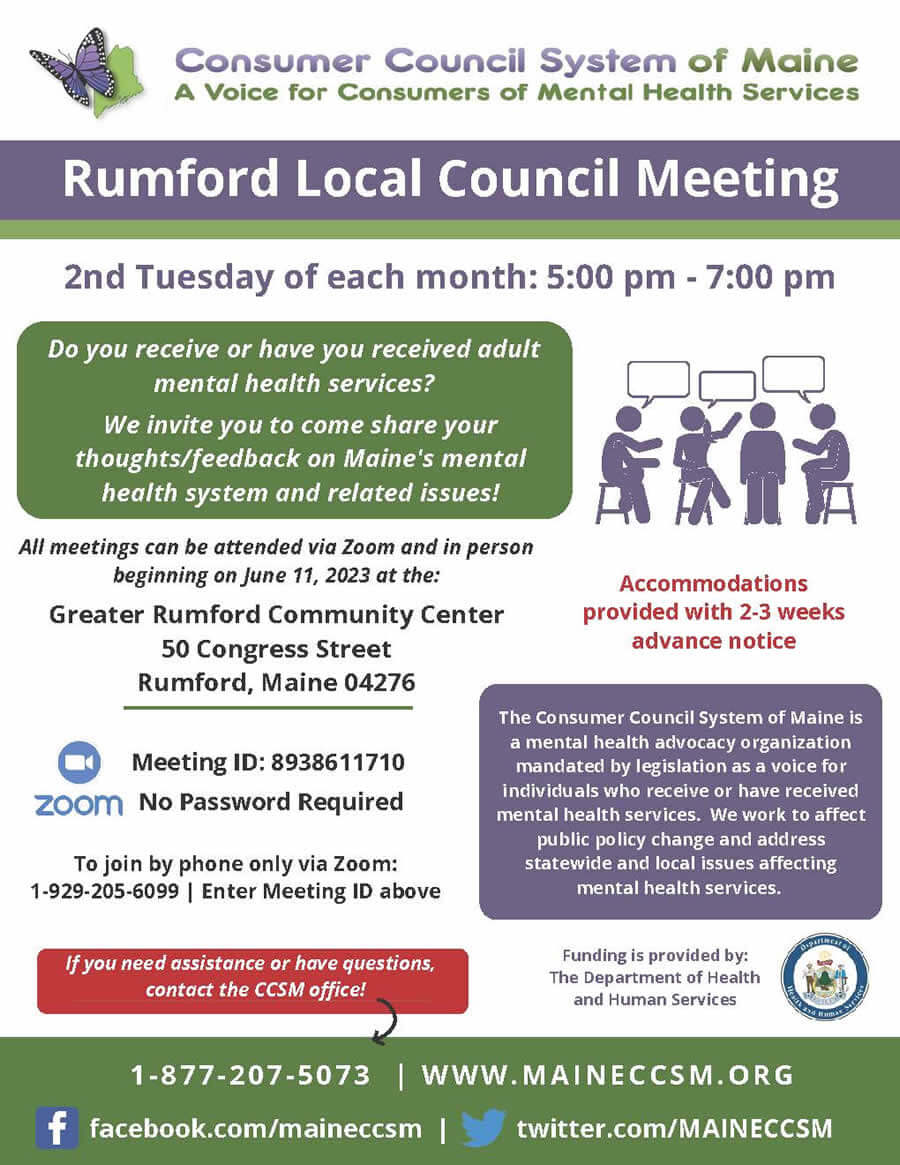 2023-Hybrid-Rumford-LC-Flyer-v2 Rumford Local Council meeting announcing virtual and in person meetings 2nd Tuesday of each month from 5 - 7 pm.